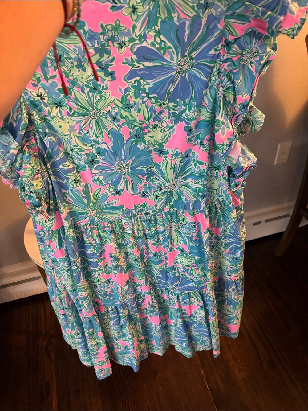 Lilly Pulitzer Floral Ruffle-Sleeve Dress in Pink and Blue Lined Cotton. Size L. - Picture 4 of 4